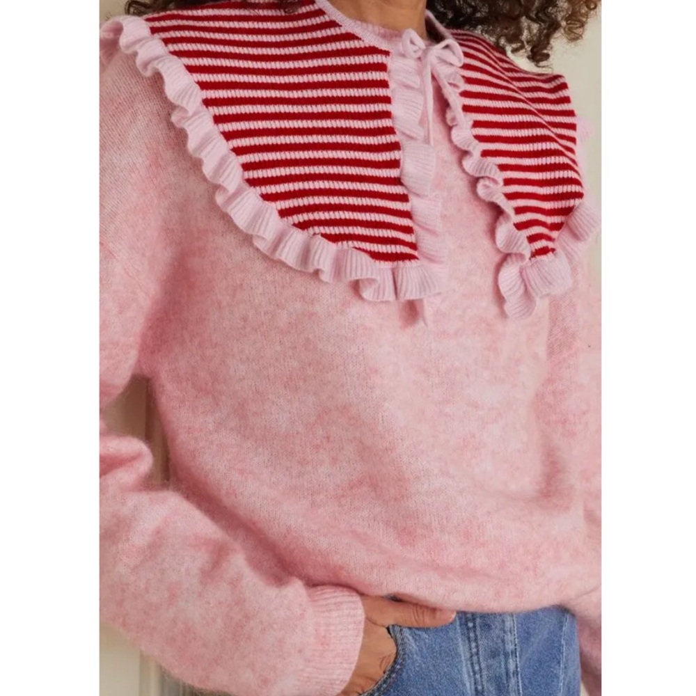 GANNI Women’s Pink & Red Striped Ruffled Striped Wool‎ & Cashmere-Blend Collar